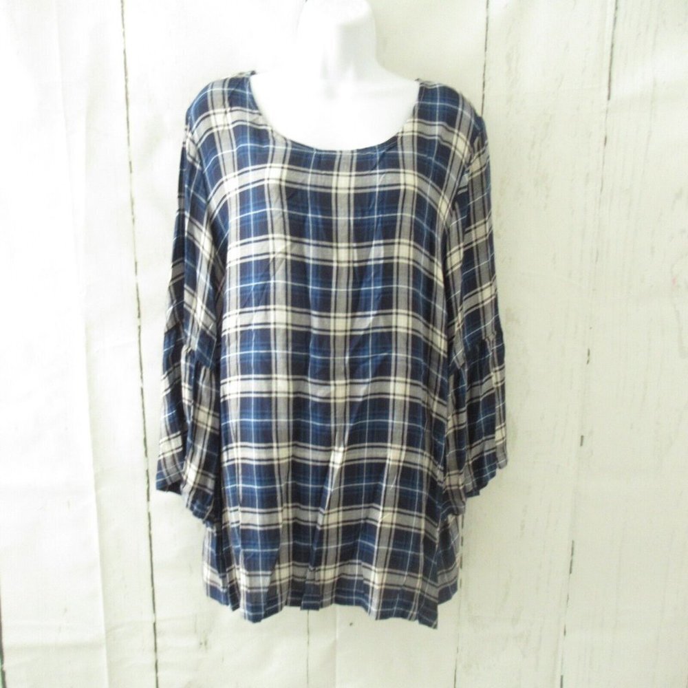 June & Delancey Top 2X Blue Plaid Ruffle Bell Sleeve‎ Plus Size